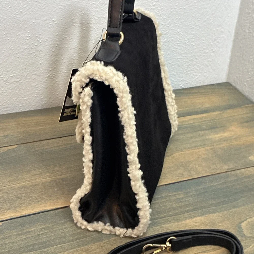 Badgley Mischka NWT Shearling Faux Fur Satchel Crossbody Black Handbag(ST) - Picture 6 of 10